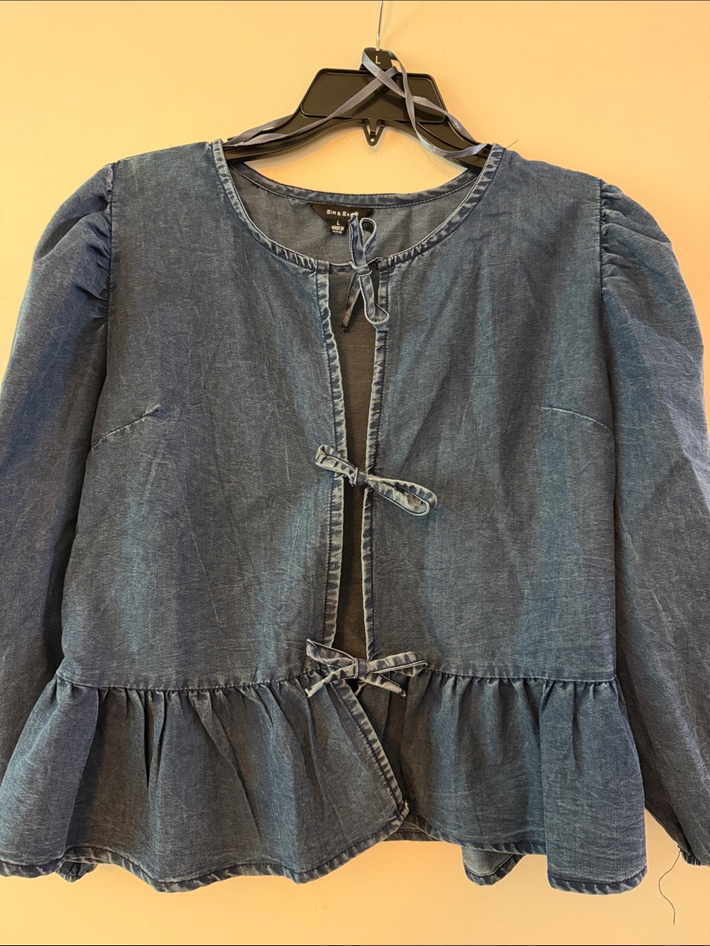 Tie-Front Denim Peplum Blouse - Blue